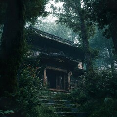 Japanese antique wooden haunted house at twilight with misty forest background, cinematic lighting