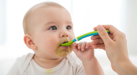 Baby getting fed with a spoon and food smeared around the mouth and face