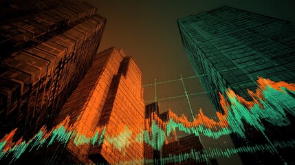 View of skyscrapers with a financial graph overlayed showing market fluctuations and economic trends