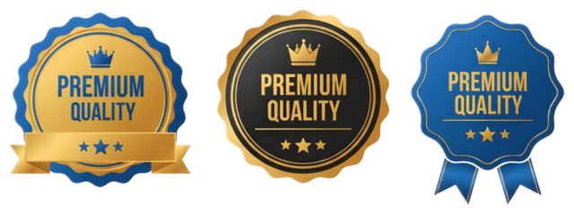 Set of Premium Quality golden and blue badges on white background