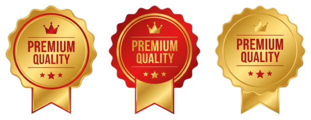 Premium Quality golden and red badges on white background