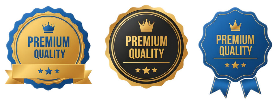 Set of Premium Quality golden and blue badges on white background