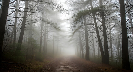 Fototapeta premium Misty Forest Path: A serene path winds its way through a dense, ethereal forest, shrouded in a veil of mist, creating a tranquil and mysterious atmosphere.