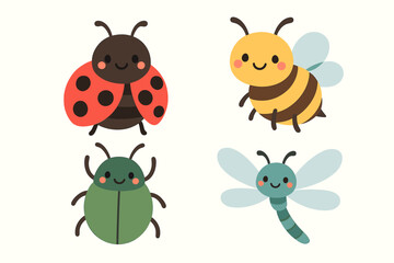 Cute cartoon insects illustrations with ladybug, bee, beetle, and dragonfly