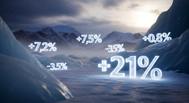 Digital data trends glow brightly as icy figures against a vast, cold, and serene winter environment.