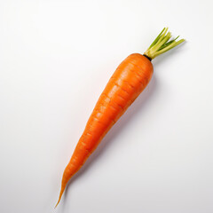 A vibrant orange carrot, fresh from the garden, stands out against a plain white backdrop, its green leafy top adding a touch of natural beauty.