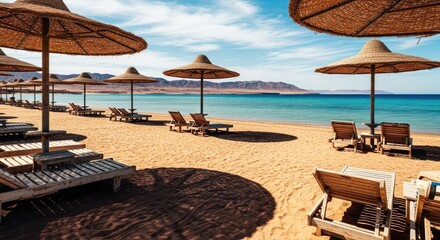 Sun-drenched beach resort scene. Beach chairs and straw umbrellas line a golden beach, turquoise water stretches to distant mountains under a clear blue sky