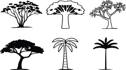 Trees Silhouette: Illustrative view of a collection of tree silhouettes, displaying a variety of botanical tree structures. This artwork captures nature in a simplistic style.