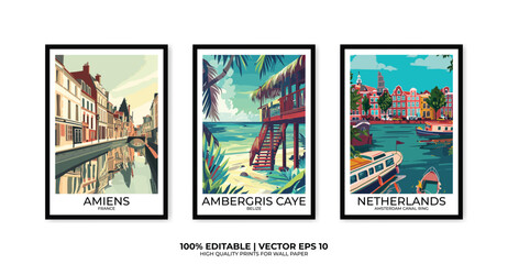 Set of 3 Vintage travel posters, Vintage travel illustrations, Vector colorful illustrations. Trendy printable wall art with beautiful landscapes.