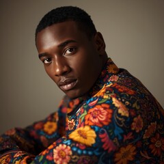Stylish young man wearing a colorful floral patterned jacket with a serious expression