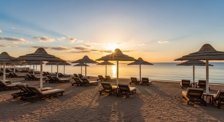 Sunrise beach scene with sunshades and loungers
