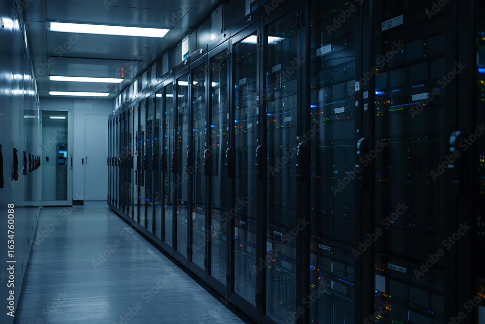 Poster rows of illuminated server racks in a modern data center hallway server room technology