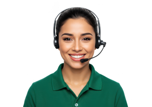 Smiling woman with headset wearing green polo shirt isolated on transparent background