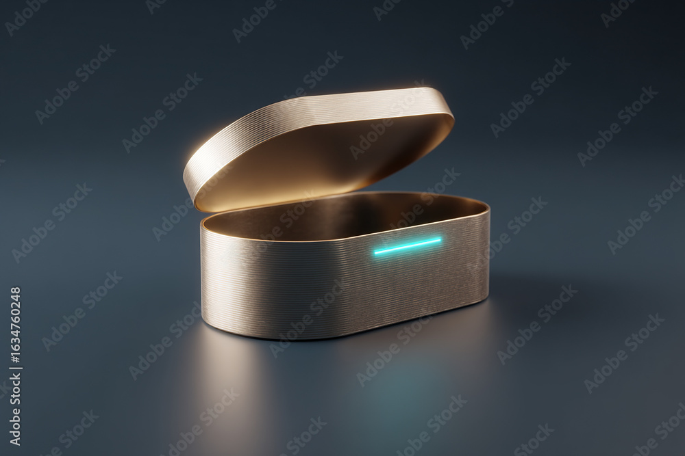 Poster elevated presentation of an elegant, glowing container partially opened, showing texture and light o