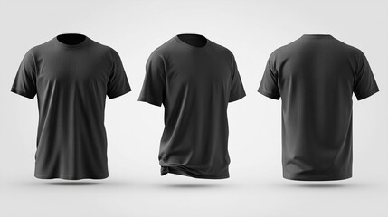 Versatile black t-shirt mock-up template captures full shirt structure. With front, side, and back views, the t-shirt mock-up is perfect for design testing or marketing.