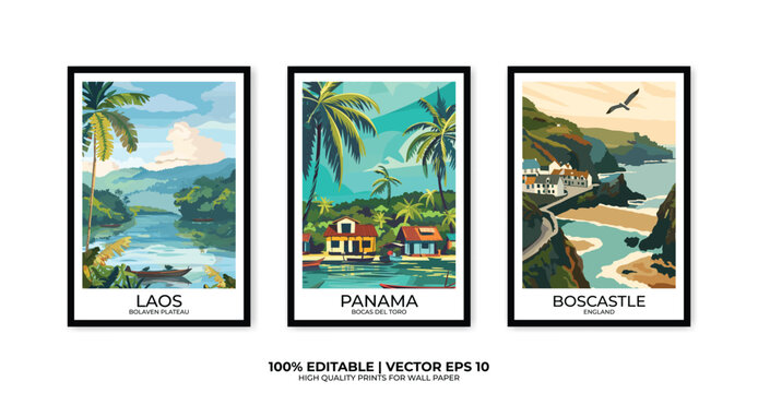Set of 3 Vintage travel posters, Vintage travel illustrations, Vector colorful illustrations. Trendy printable wall art with beautiful landscapes.