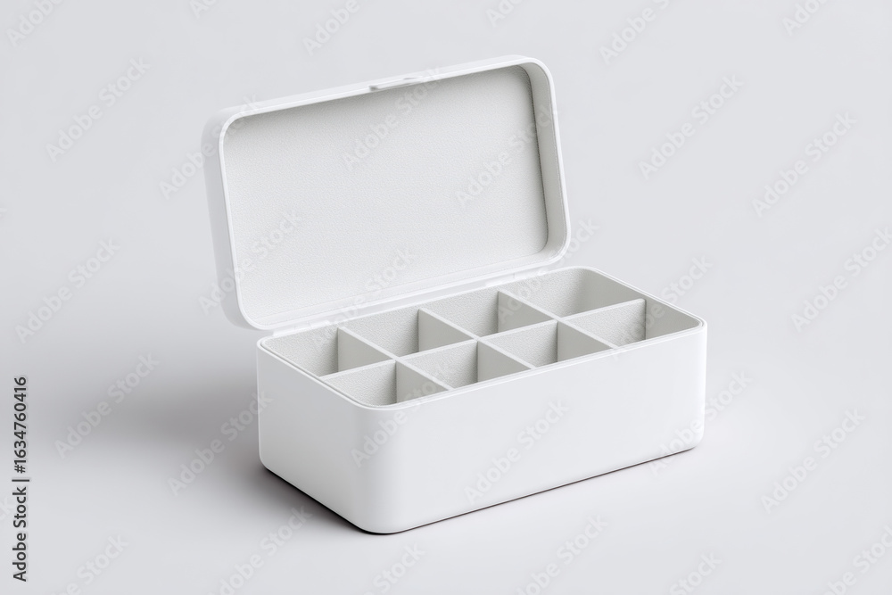 Poster open, white container with dividers, ideal for organizing small items, set against a simple backgrou