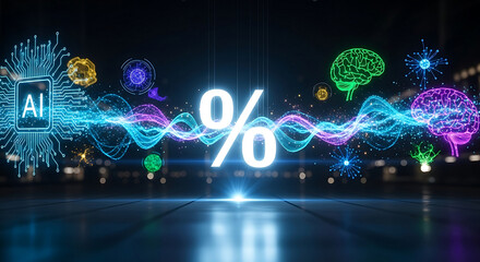 Artificial intelligence and human cognition converge in a vibrant digital landscape with a prominent percentage symbol.