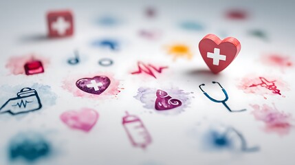 A collection of medical themed icons and symbols scattered on a white surface with a shallow depth of field