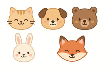 Cute animal faces: cat, dog, bear, rabbit, fox - adorable cartoon expressions