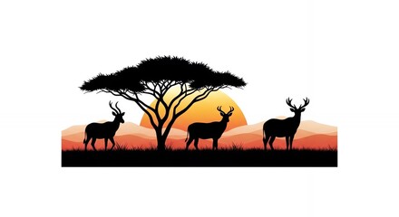 Fototapeta premium African Safari Sunset Landscape with Antelopes and Acacia Tree Silhouettes