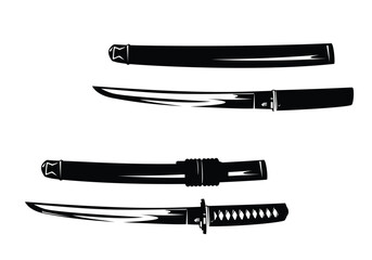 traditional japanese samurai tanto knife with scabbard - black and white vector dagger design