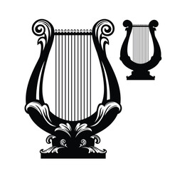 ancient lyre black and white vector design set - antique lute musical instrument outline and silhouette