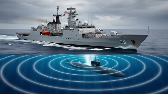 Educational video showing a naval warship detecting a submarine using sonar radar. Great for learning about military marine technology and underwater defense systems.