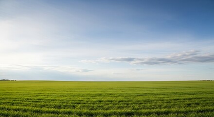 Naklejka premium Vibrant Green Meadow Under a Serene Blue Sky with Wispy White Clouds