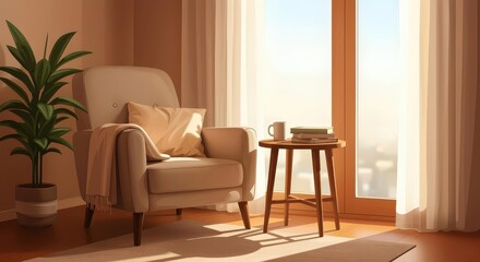 Inviting Armchair and Books in Sunlit Room for Mindful Relaxation and Digital Detox Lifestyle