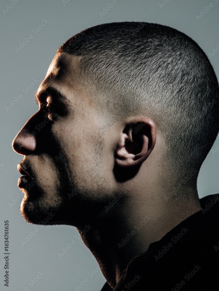 Poster profile view of a buzz cut against gradient light with empty space on the right