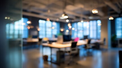Blurred view of a modern office space with desks chairs and large windows providing natural light