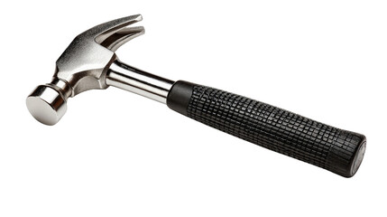 Hammer with black rubber grip and shiny steel head background isolated on a Transparent background, PNG file.
