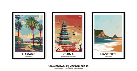Set of 3 Vintage travel posters, Vintage travel illustrations, Vector colorful illustrations. Trendy printable wall art with beautiful landscapes.