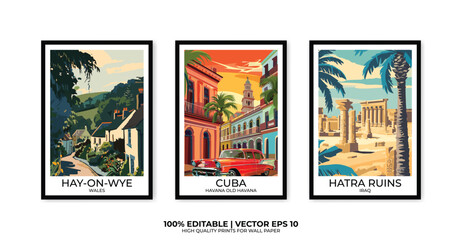 Set of 3 Vintage travel posters, Vintage travel illustrations, Vector colorful illustrations. Trendy printable wall art with beautiful landscapes.