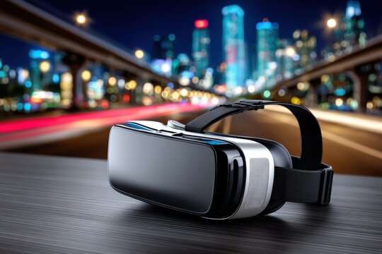 Virtual reality headset against cityscape at night offers immersive digital experience, with futuristic technology and blurred urban background for enhanced simulations.