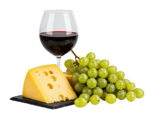 Red wine, swiss cheese, and green grapes on slate board. Cut out PNG