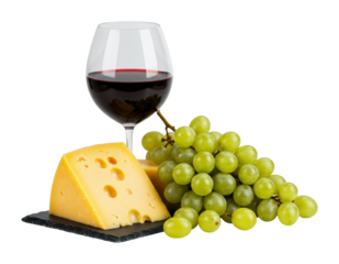 Red wine, swiss cheese, and green grapes on slate board. Cut out PNG