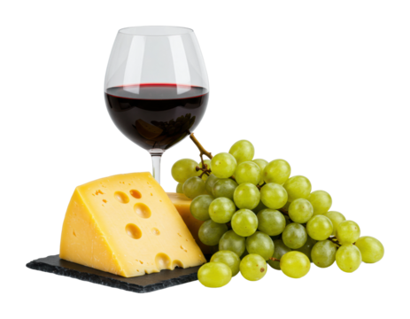 Red wine, swiss cheese, and green grapes on slate board. Cut out PNG
