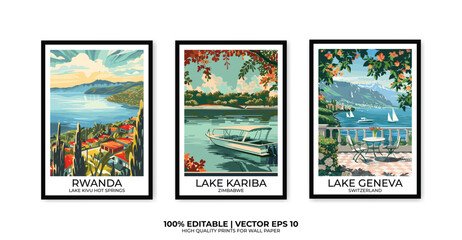 Set of 3 Vintage travel posters, Vintage travel illustrations, Vector colorful illustrations. Trendy printable wall art with beautiful landscapes.