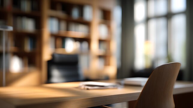 A blurred view of a home office with a desk chair bookcase and window in soft warm lighting