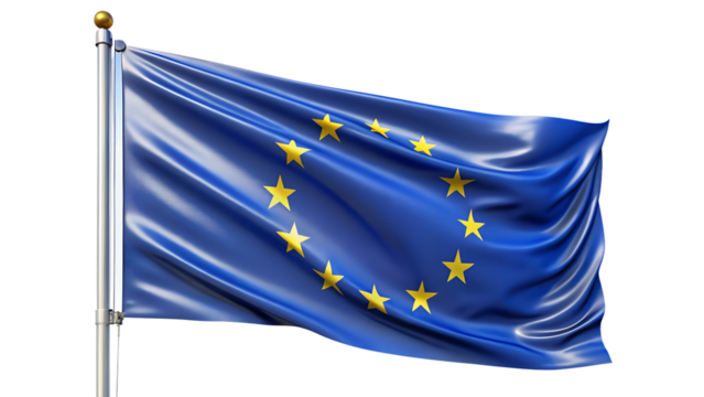The flag of the european union waving in the wind, isolated on transparent background