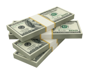 Stacks of us dollar bills bundled and arranged in piles. Cut out PNG