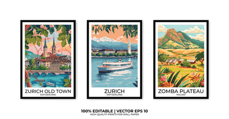 Zomba Zurich Swiss vintage travel poster set