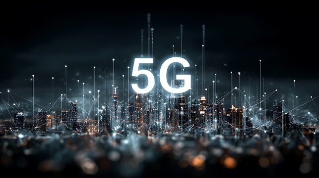Glowing 5g network illustration over a blurred city skyline at night with connected points of light