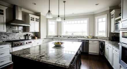 Bright, modern kitchen with granite countertops and white cabinetry