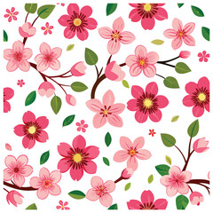 Fototapeta premium Seamless Spring Floral Pattern with Pink Cherry Blossoms and Green Leaves on White Background