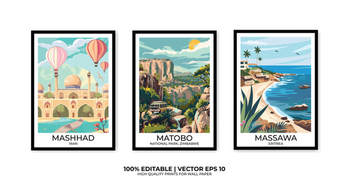 Set of 3 Vintage travel posters, Vintage travel illustrations, Vector colorful illustrations. Trendy printable wall art with beautiful landscapes.