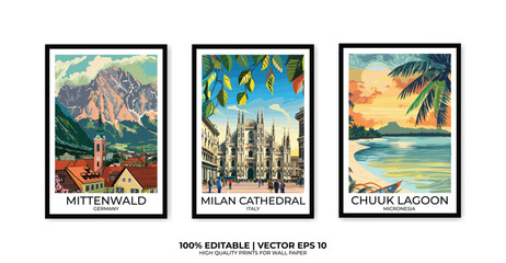 Obraz premium Set of 3 Vintage travel posters, Vintage travel illustrations, Vector colorful illustrations. Trendy printable wall art with beautiful landscapes.