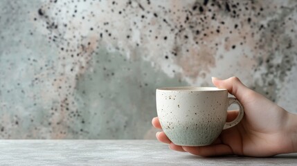 Close-up of a hand holding a ceramic coffee cup
